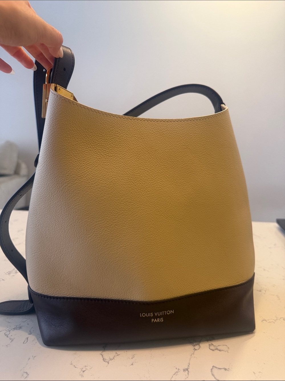 Louis Vuitton Beige and Dark Brown Leather Shoulder Bucket Bag